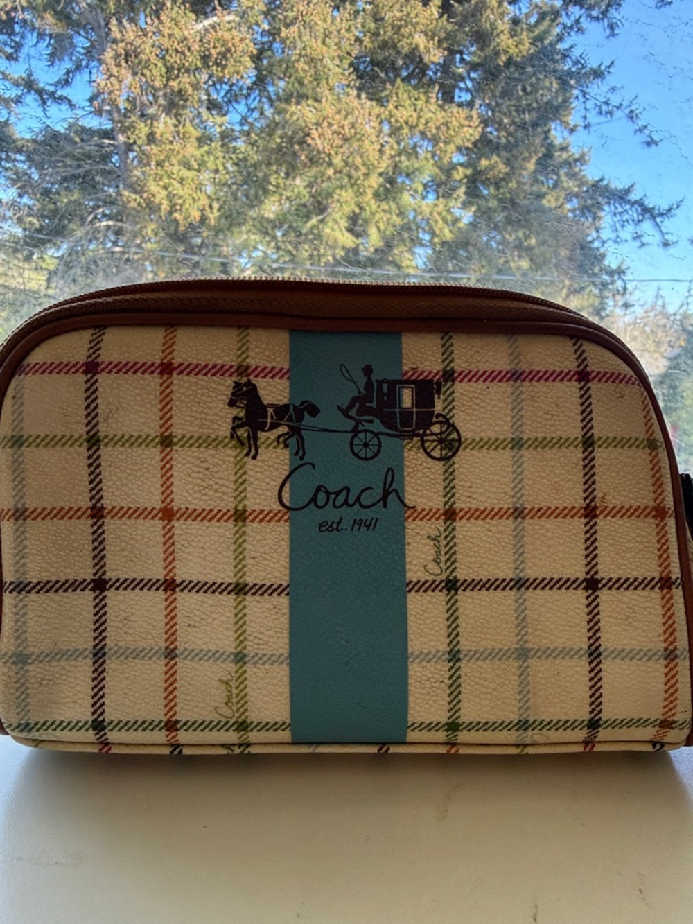 Coach Multicolor Plaid Tattersall Cosmetic Pouch with Blue Center Stripe